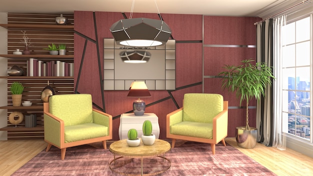 Rendering 3D dell'interno del soggiorno