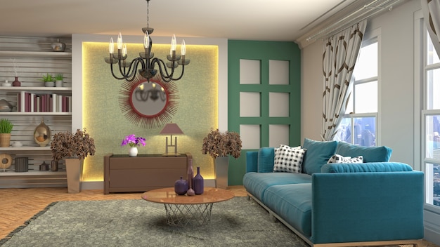 Rendering 3D dell'interno del soggiorno