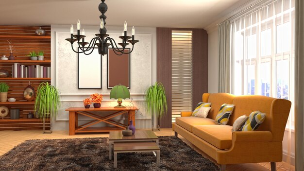 Rendering 3D dell'interno del soggiorno