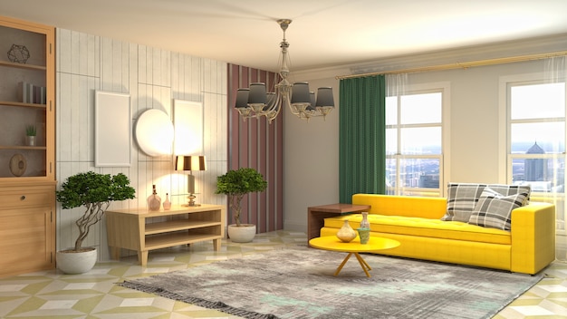 Rendering 3D dell'interno del soggiorno