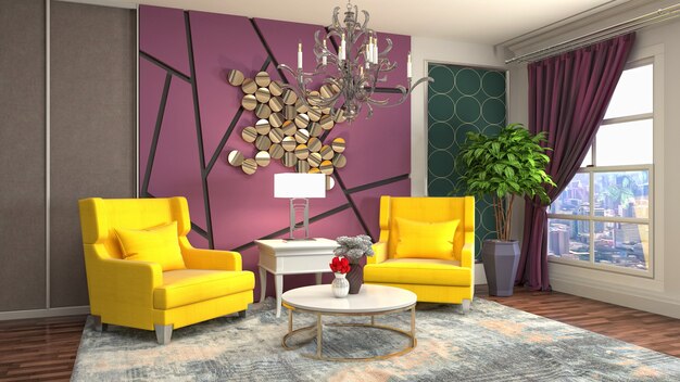 Rendering 3D dell'interno del soggiorno