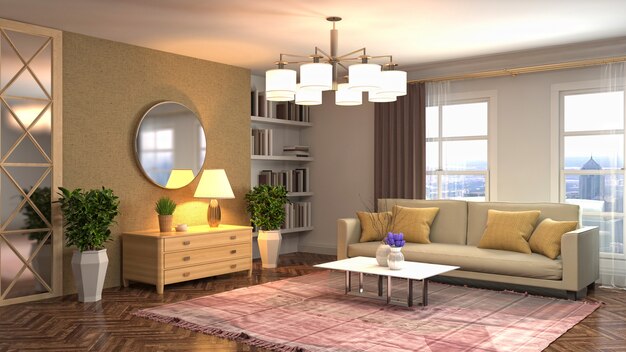 Rendering 3D dell'interno del soggiorno