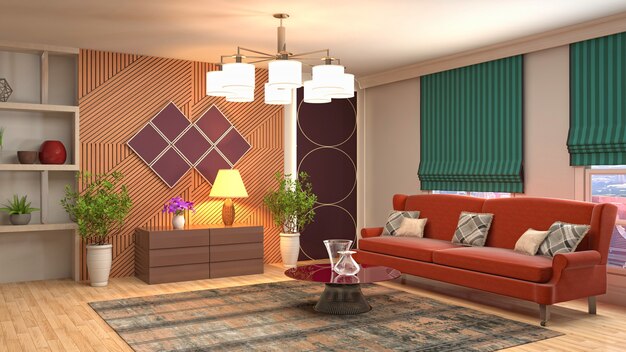 Rendering 3D dell'interno del soggiorno