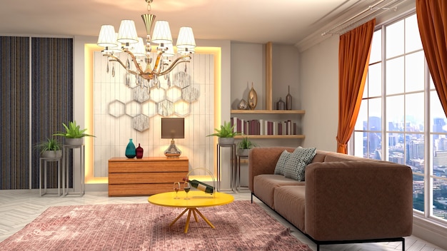 Rendering 3D dell'interno del soggiorno