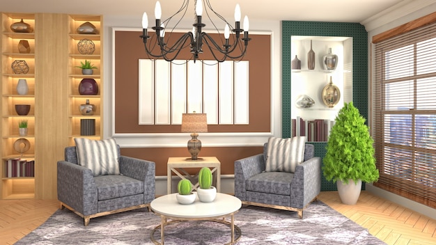 Rendering 3D dell'interno del soggiorno