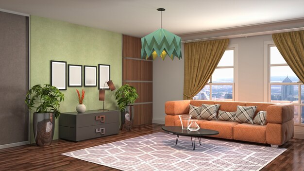 Rendering 3D dell'interno del soggiorno