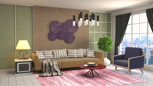 Rendering 3D dell'interno del soggiorno