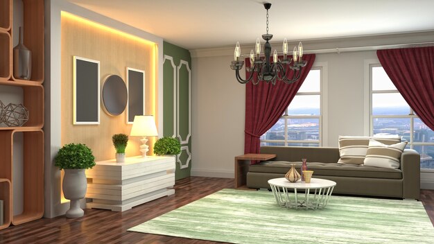 Rendering 3D dell'interno del soggiorno