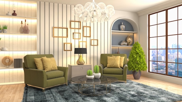 Rendering 3D dell'interno del soggiorno