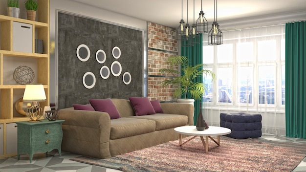 Rendering 3D dell'interno del soggiorno