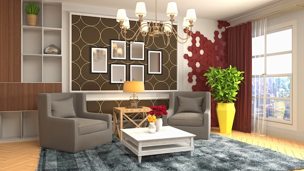 Rendering 3D dell'interno del soggiorno