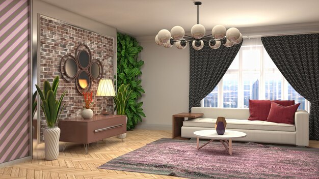 Rendering 3D dell'interno del soggiorno