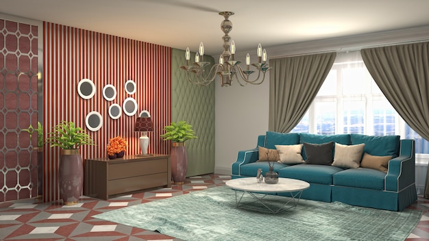 Rendering 3D dell'interno del soggiorno