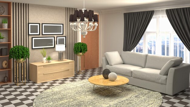 Rendering 3D dell'interno del soggiorno