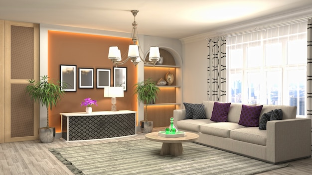 Rendering 3D dell'interno del soggiorno