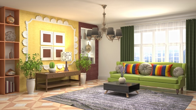 Rendering 3D dell'interno del soggiorno