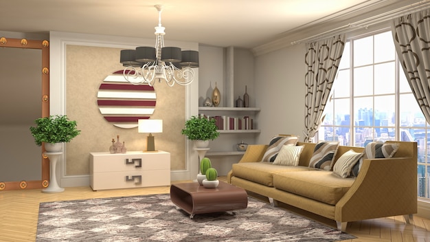 Rendering 3D dell'interno del soggiorno