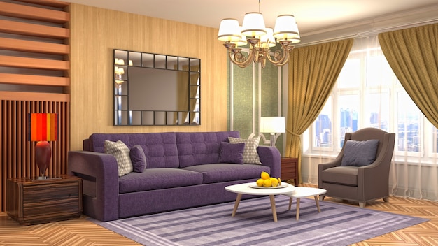 Rendering 3D dell'interno del soggiorno