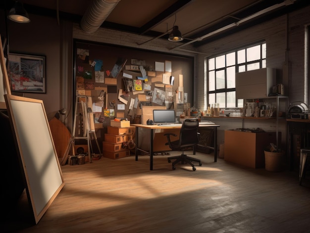 Rendering 3D dell'interno dello studio di lavoro con lavagna bianca e note adesive sulla parete