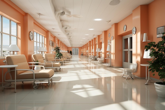 Rendering 3D dell'interno di un reparto psichiatrico con attrezzature mediche