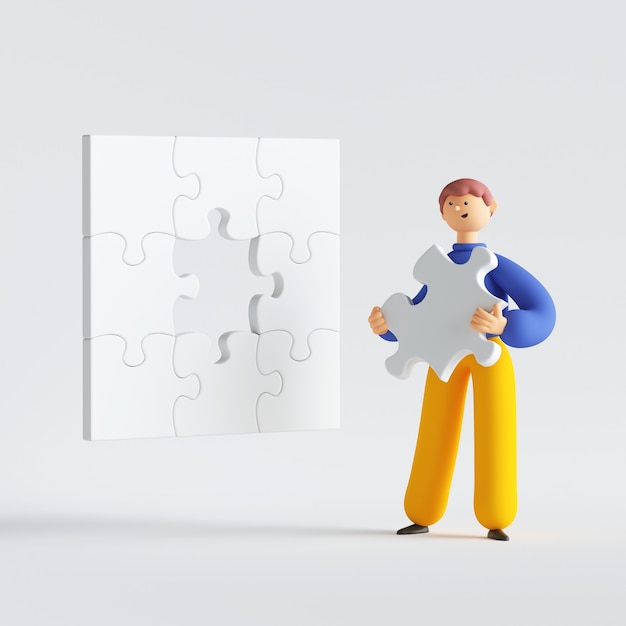 Rendering 3D dell'uomo che tiene il pezzo del puzzle, personaggio dei cartoni animati sorridente, in piedi, cercando di risolvere il problema.