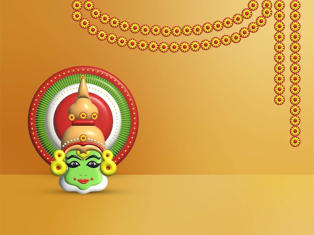 Rendering 3D della bellissima maschera facciale Kathakali con decorazione floreale sullo sfondo Happy Onam