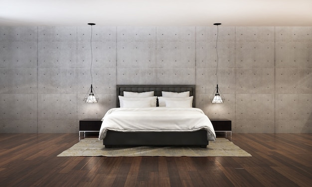 Rendering 3d della camera da letto moderna in stile contemporaneo Ci sono pavimenti in legno decorati con letto in tessuto bianco e sfondo texture muro di cemento vuoto