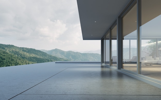 Rendering 3D della casa moderna con piscina sullo sfondo della montagna.