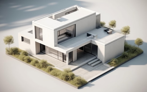 Rendering 3d della casa moderna isometrica con piante all'esterno isolate su sfondo bianco