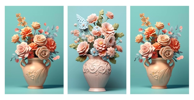 Rendering 3D della ceramica Vaso in ceramica con fiori dai colori tenui Arte della parete in tela di ceramica