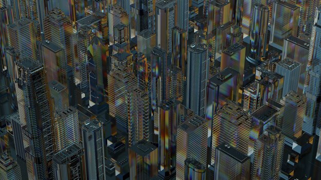 Rendering 3D della città astratta in vetro. Materiale trasparente rifrangente e riflettente.