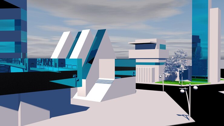 rendering 3D della città Ciudad en bloques Edificio della città. Edificio bianco. Rendering 3D della città digitale. Metaverso