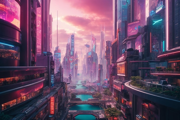 Rendering 3d della città del Metaverso e del concetto cyberpunk
