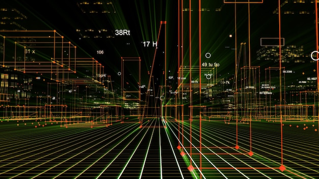 Rendering 3D della città digitale tecnologica astratta dai dati nel cyberspazio, memorizzazione delle informazioni nello spazio delle informazioni