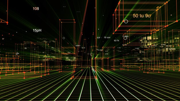 Rendering 3D della città digitale tecnologica astratta dai dati nel cyberspazio, memorizzazione delle informazioni nello spazio delle informazioni