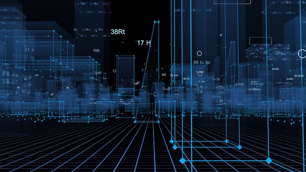 Rendering 3D della città digitale tecnologica astratta dai dati nel cyberspazio, memorizzazione delle informazioni nello spazio delle informazioni