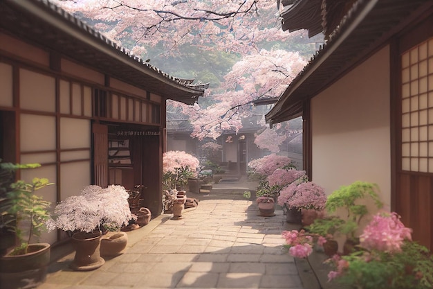 Rendering 3D della città vecchia del Giappone con alberi di ciliegio