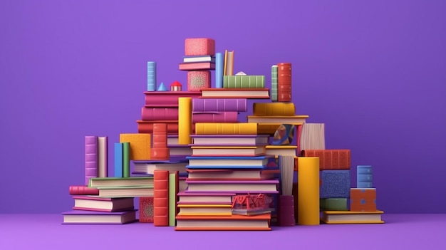 Rendering 3D della collezione di libri colorati su sfondo viola IA generativa