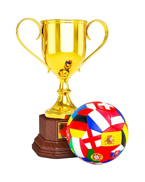 Rendering 3D della Coppa del trofeo d'oro e del pallone da calcio con le bandiere dei paesi Euro 2016 isolate su sfondo bianco