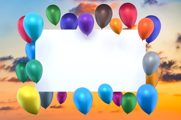 Rendering 3D della cornice per foto di compleanno con palloncini colorati