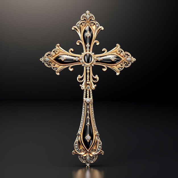 Rendering 3D della croce d'oro scintillante con dettagli placcati in rodio nero e palma di Pasqua del Venerdì Santo