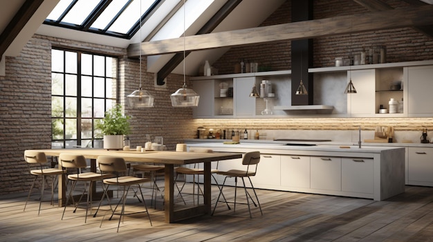 Rendering 3D della cucina moderna in un loft