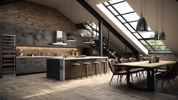 Rendering 3D della cucina moderna in un loft