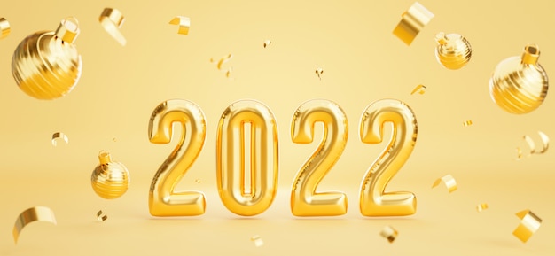 Rendering 3D della decorazione di palloncini d'oro del buon anno 2022 con palla di natale, coriandoli dorati