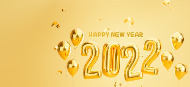 Rendering 3D della decorazione di palloncini d'oro del buon anno 2022 con palla di natale, coriandoli dorati