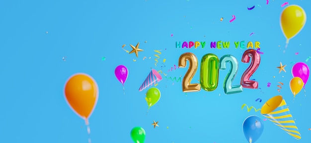 Rendering 3D della decorazione di palloncini Happy new year 2022 con tiro di carta colofull