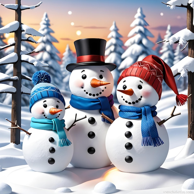 Rendering 3D della famiglia del pupazzo di neve con cappello e sciarpa nella foresta invernale