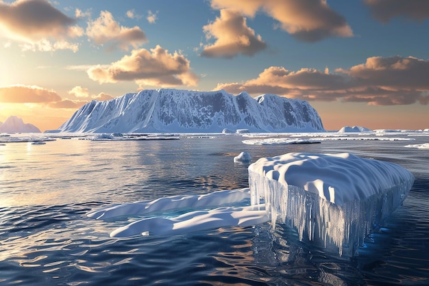 Rendering 3D della fusione della calotta glaciale del polo nord a causa del riscaldamento globale