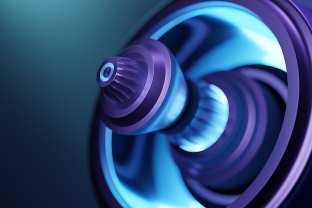 Rendering 3D della futura tecnologia della turbina a razzo del motore sotto la luce blu e viola. Parte futuristica di una turbina spaziale