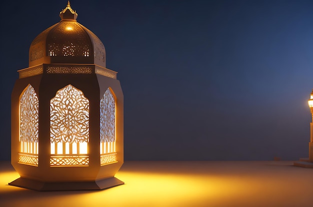 Rendering 3D della lanterna araba illuminata sullo sfondo della moschea di illuminazione Concetto religioso islamico